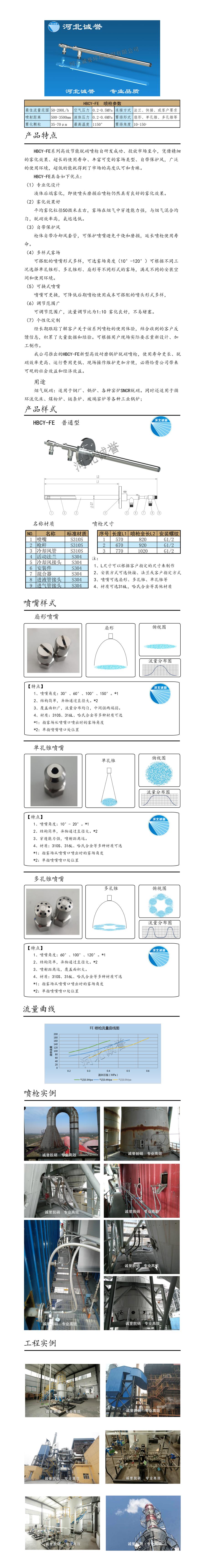 脫硝噴槍、保護套、噴槍參數(shù)、材質(zhì)尺寸、流量分布圖、扇形空心錐俯視圖介紹，以及噴槍霧化視頻展示和工程案例介紹